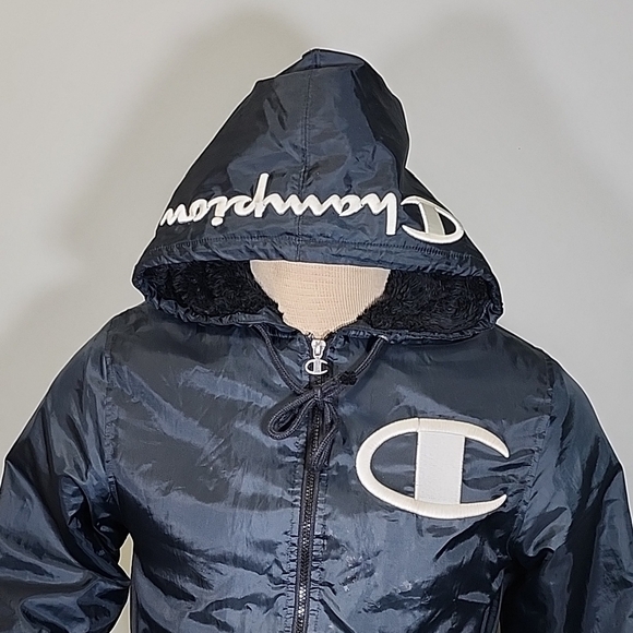 Champion Black Hooded Trench Coat Sylye Vintage Coat. 90s - Picture 3 of 12